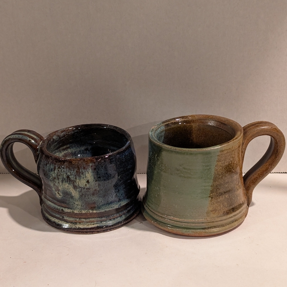 Two Vintage Artist Signed Hand Made Stoneware Pottery Applied Handle Coffee Tea.